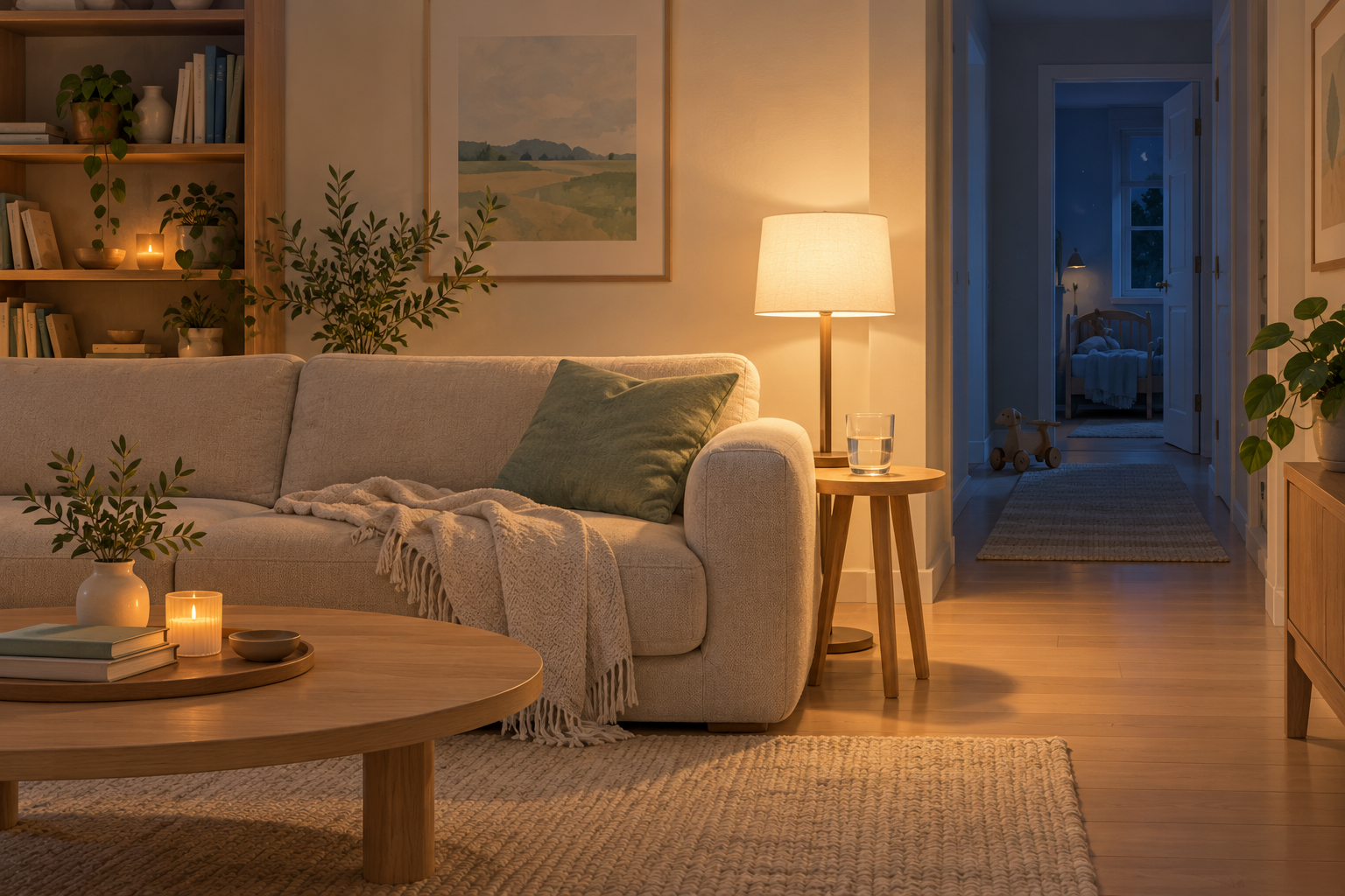 AI-generated realistic image of an oatmeal sofa, pale-oak side table, water glass and warm lamp beside a blue nighttime hallway.