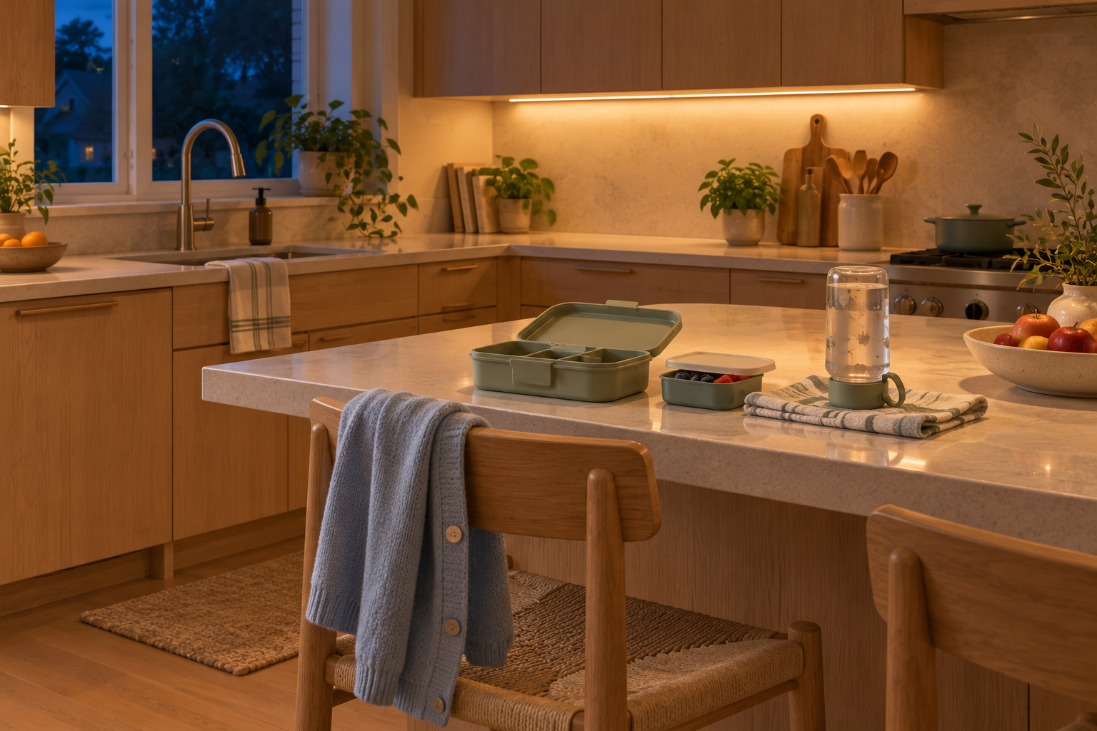 AI-generated realistic image of a warmly lit pale-oak kitchen with an open child's lunchbox, drying bottle and a blue cardigan on a chair.