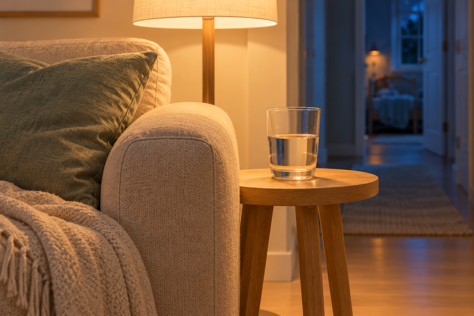 AI-generated realistic image of a half-full glass of water on a pale-oak table beside an oatmeal sofa, with warm lamplight and blue night shadows.
