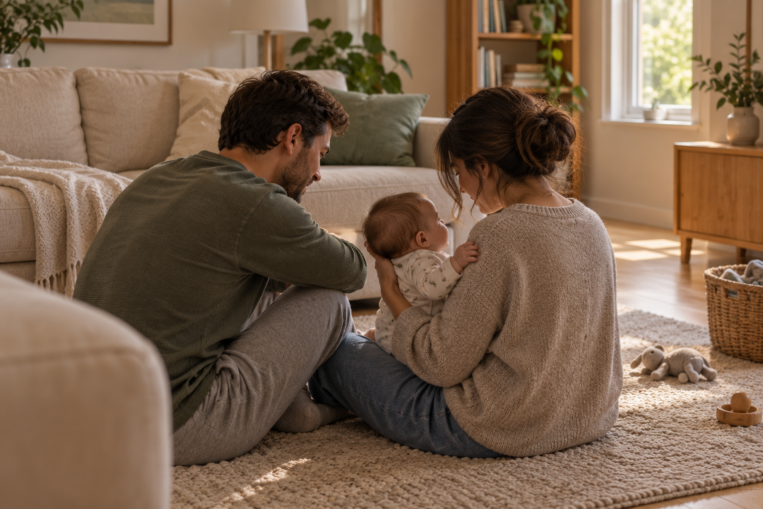 AI-generated image of two parents sitting on a living-room rug with their awake baby in soft morning light.