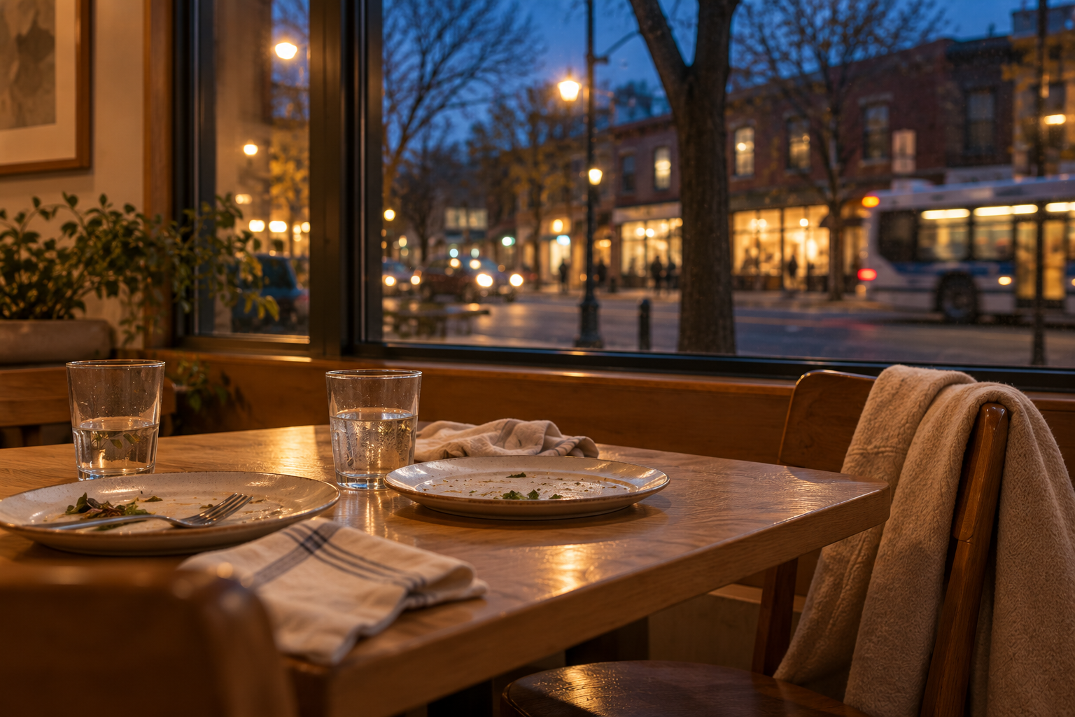 AI-generated image of a restaurant table after dinner, beside a window overlooking a softly lit street.