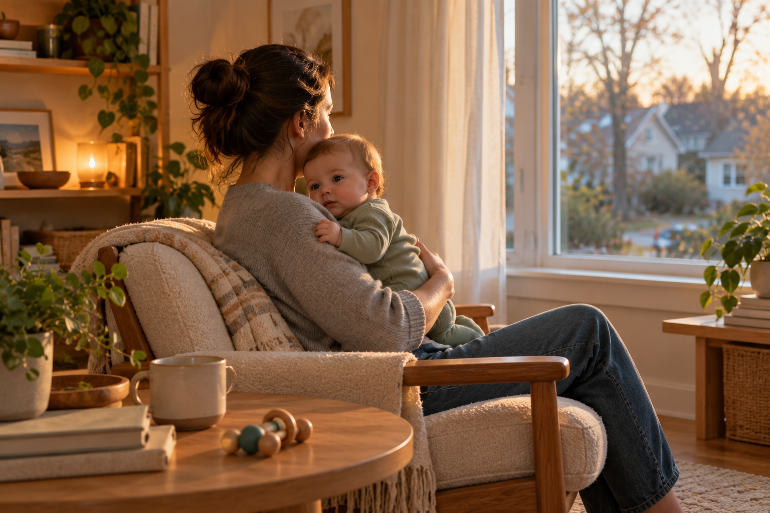 AI-generated image of a mother holding an awake baby beside a living-room window in late-afternoon light.